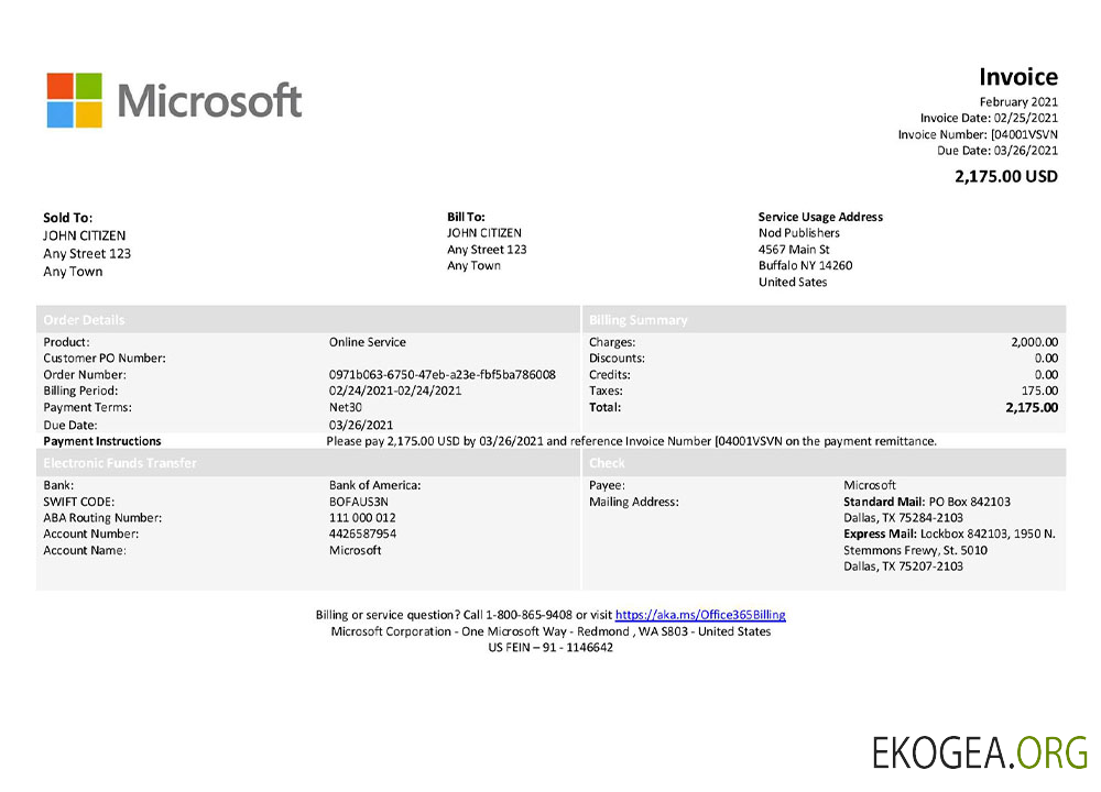 Modèle de facture Microsoft pour les États , Unis